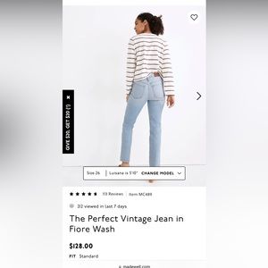 Madewell “The Perfect Vintage Jean” in Fiore Wash. 28 tall. Brand new.